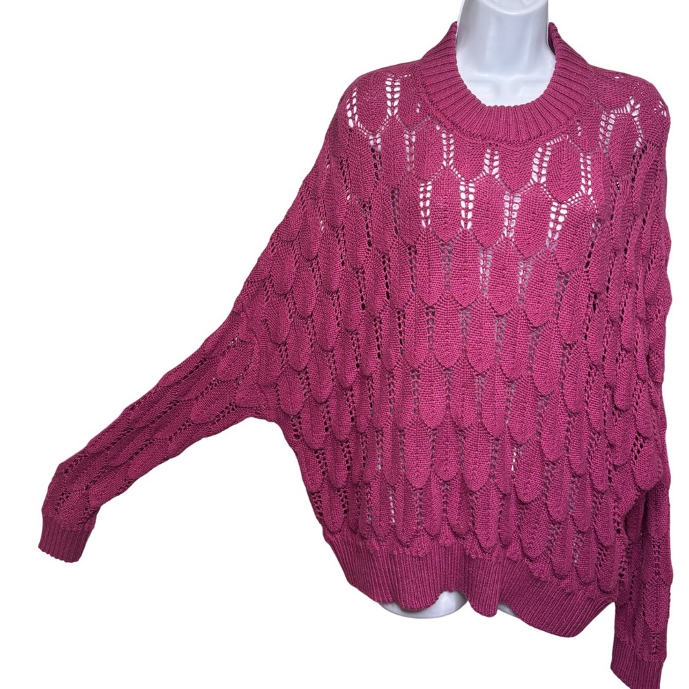 PLANET BY LAUREN G Womens Burgundy Oversized Batwing Sweater OS Scale Knit Boho